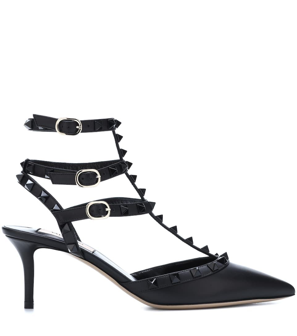 Siyah Deri T-Bant Rockstud Stiletto